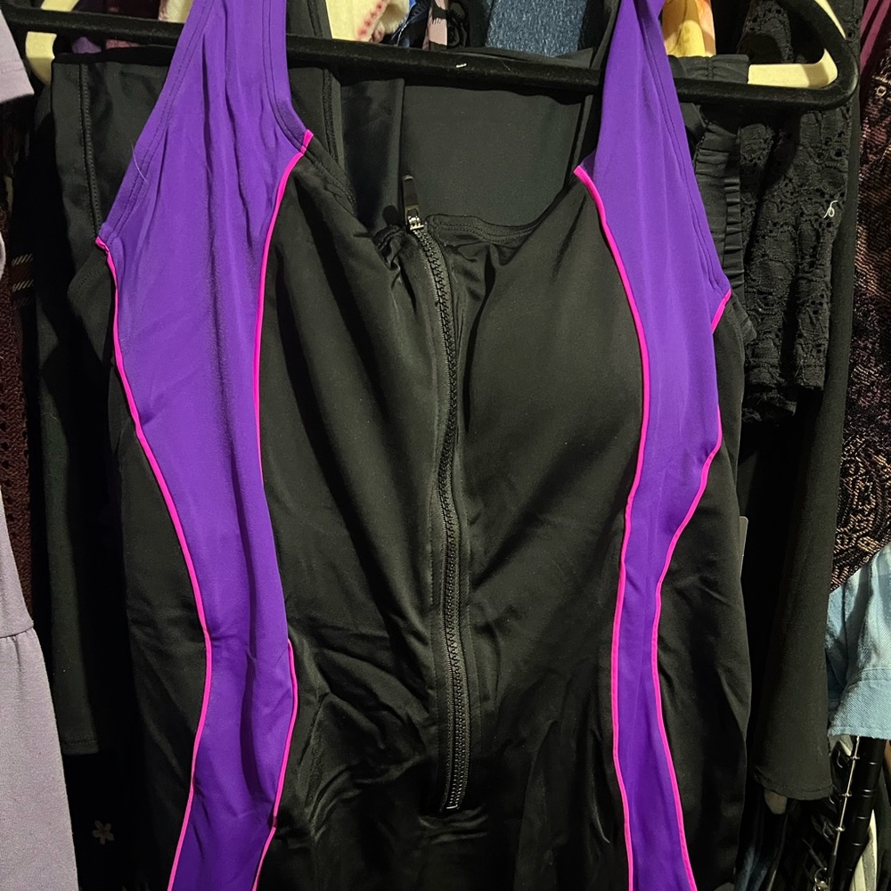 Black and Purple Swimwear with Pink Highlights black swim shorts included